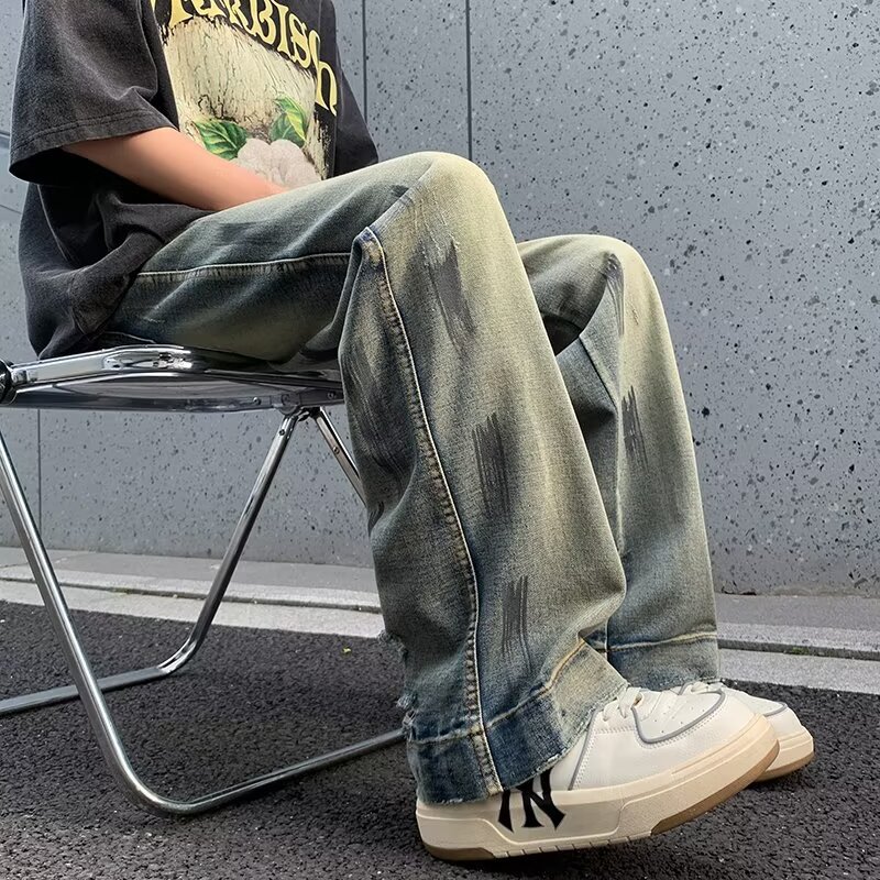 2024复古休闲做旧牛仔裤学生时尚百搭款垂感宽松阔腿拖地牛仔裤男详情10