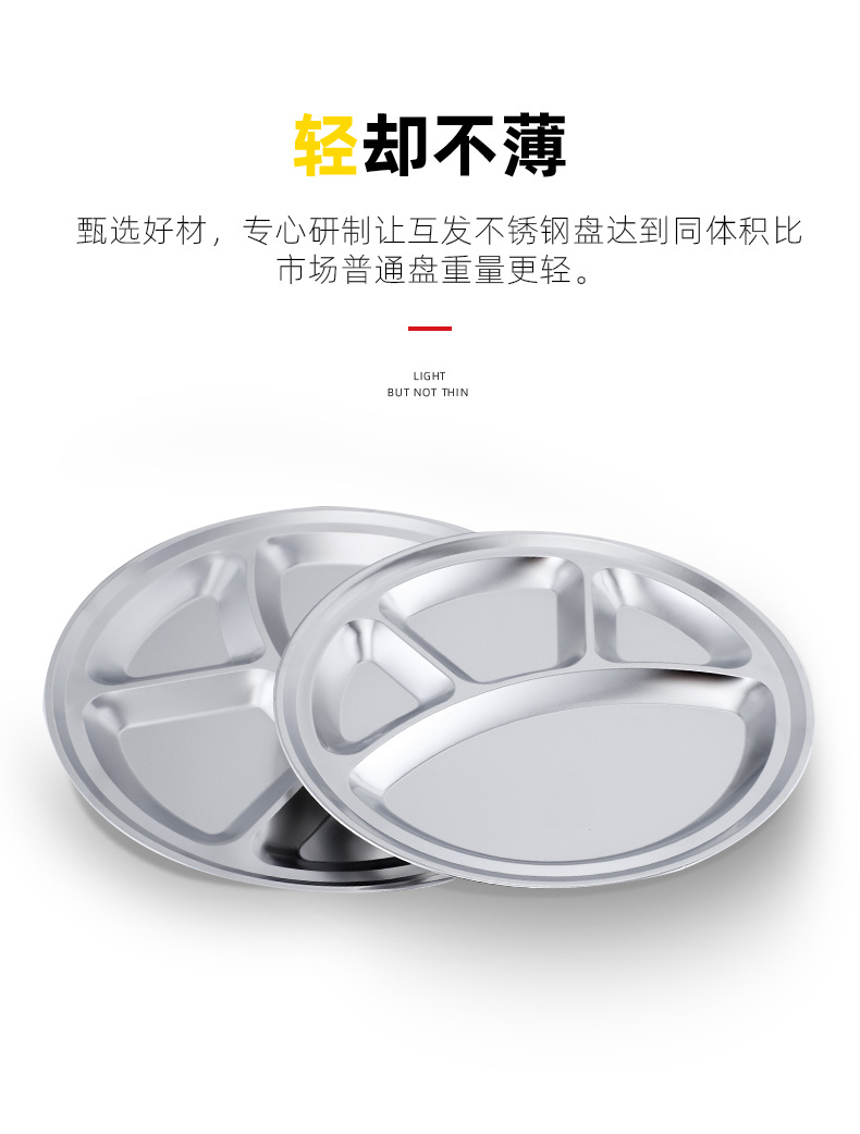 Mutual distribution of round stainless steel plates, 4-compartment bear paw plates, 4-compartment fast food plates, and partitioned restaurant and cafeteria plates pic 13