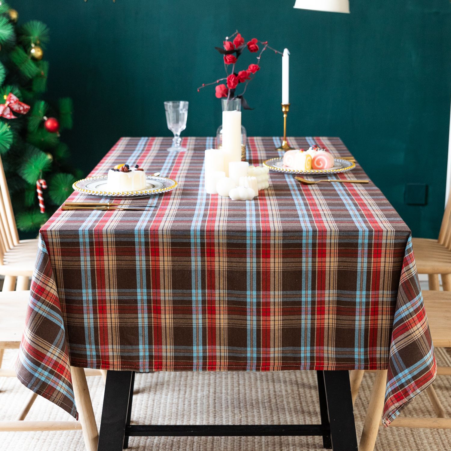 Cross-border Christmas holiday decoration table fabric, retro striped checkered cotton and linen restaurant party cover, Amazon pic 12