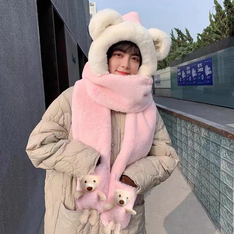 A three-piece warm set featuring a solid color, versatile, cute little bear M ears, hooded gloves and a scarf for women in autumn and winter pic 1