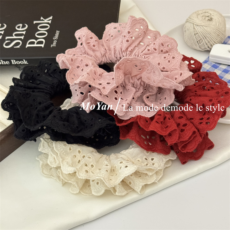 French retro atmosphere lace large intestine hair tie, popular embroidery with hollowed-out patterns and ruffled edges, hair accessory and hair band pic 18