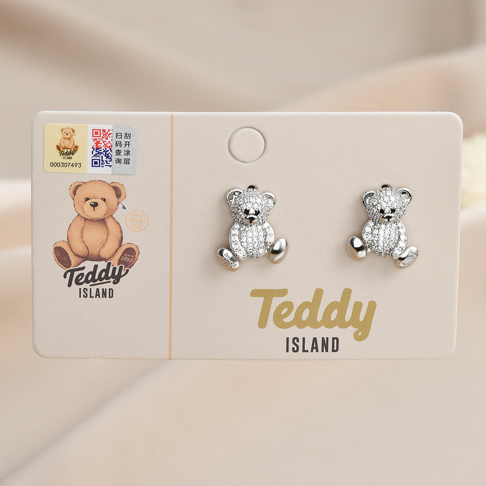 原创设计师系列S925银针气质泰迪熊耳钉女高级感满钻小熊耳饰耳环详情7