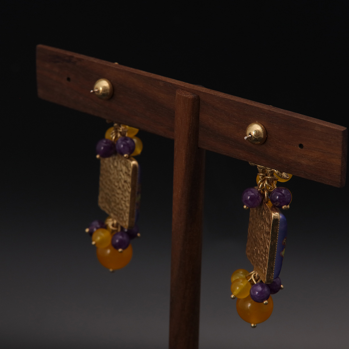 中古vintage高级感宫廷风小众设计气质复古金做旧流苏耳饰紫色详情5