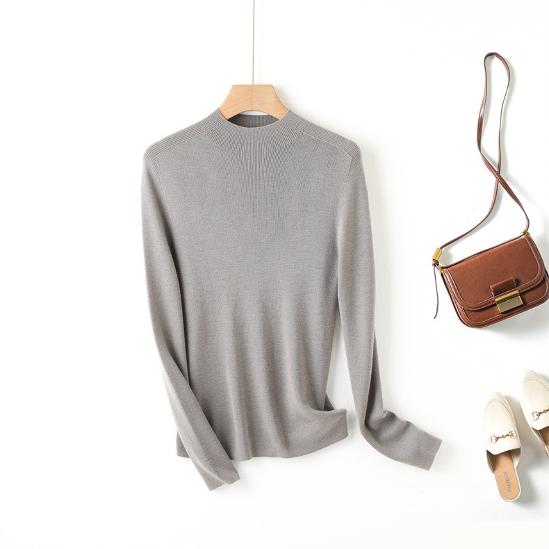 Fine-spun, machine-washable wool 100 knitted sweater design, semi-high collar, slimming, solid color autumn new wool sweater top pic 16