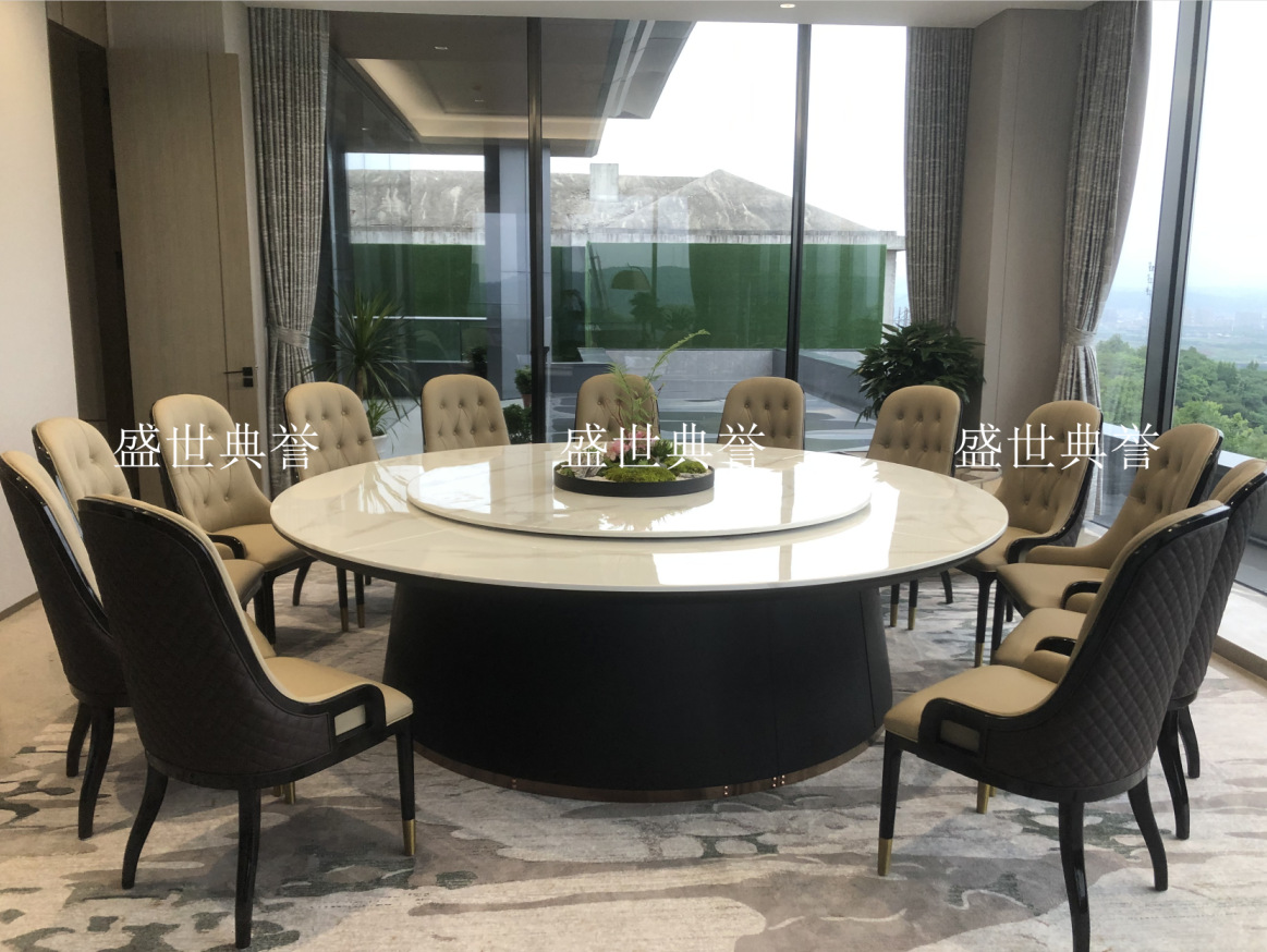 Solid wood furniture for five-star hotels in Hangzhou, seafood style, marble electric dining table, high-end club, light luxury large round table pic 14