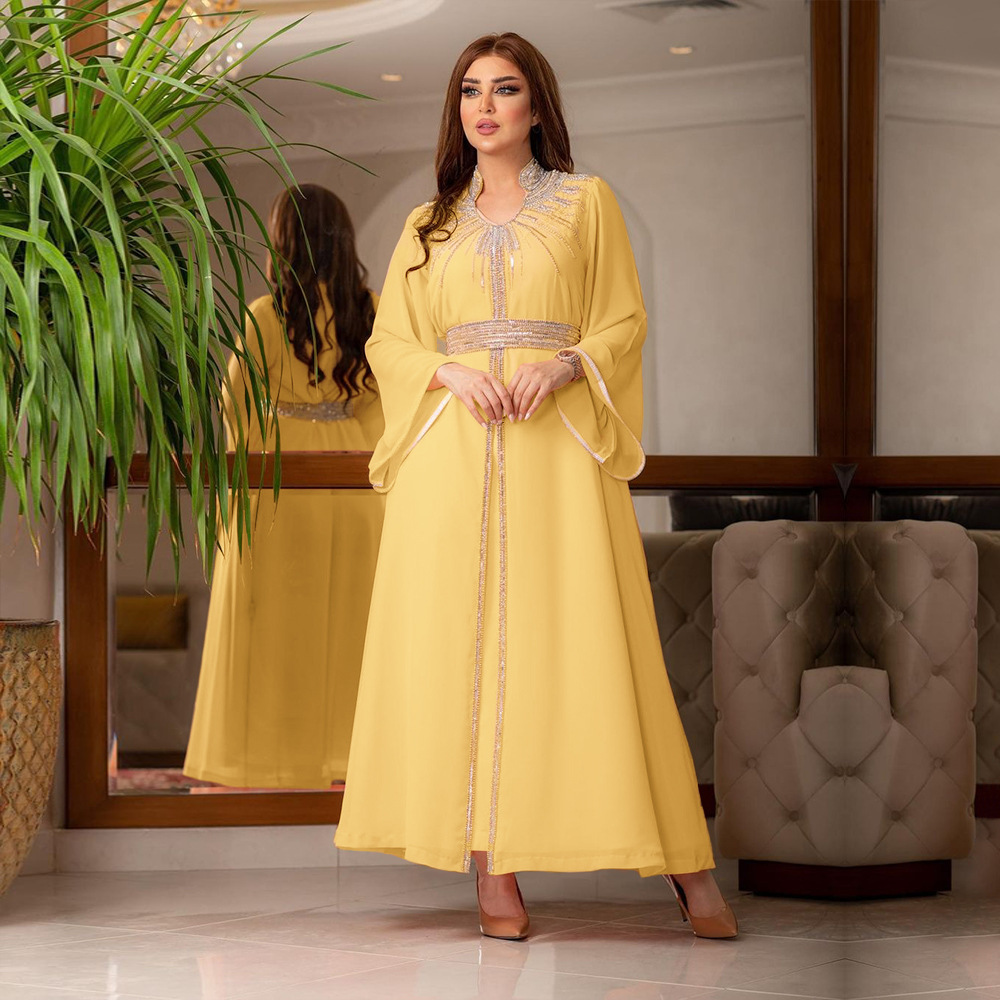 XQY500090 Foreign trade Arab robe, Middle East kaftan fashion Hot diamond belted chiffon dress pic 8