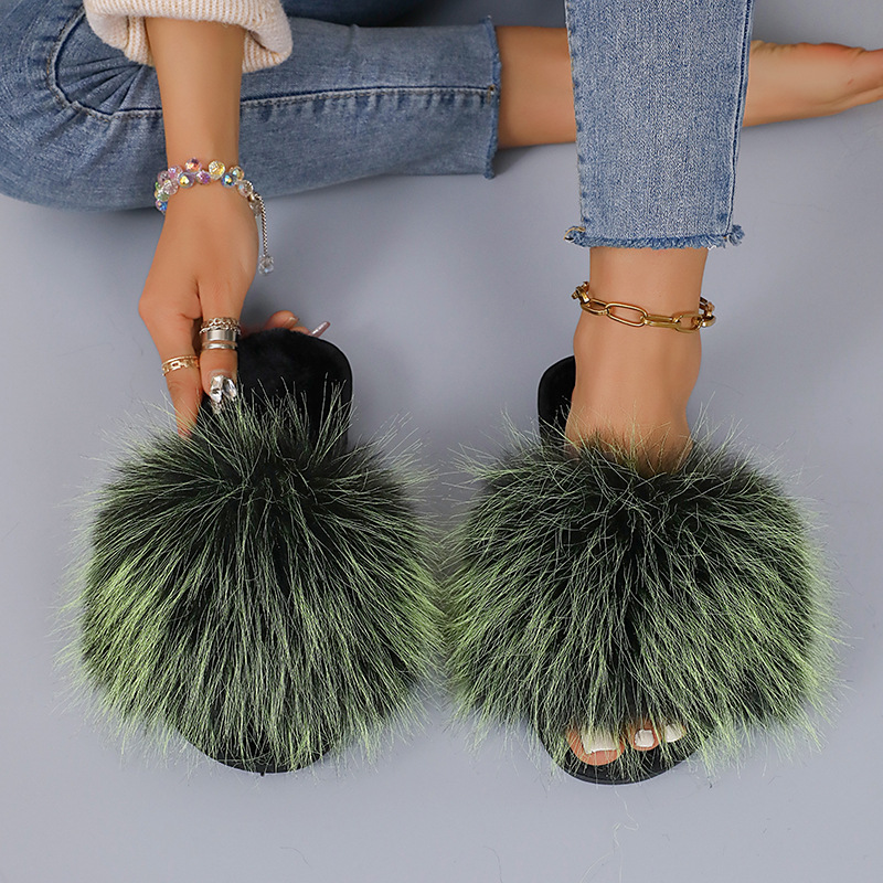 2024新款长毛绒拼色平底毛毛拖鞋女秋冬居家室内地板拖外贸一字拖详情16