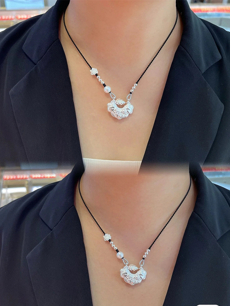 足银999锦鲤锁银莲花国风平安锁编织纯银项链双鱼如意长命锁锁骨详情19