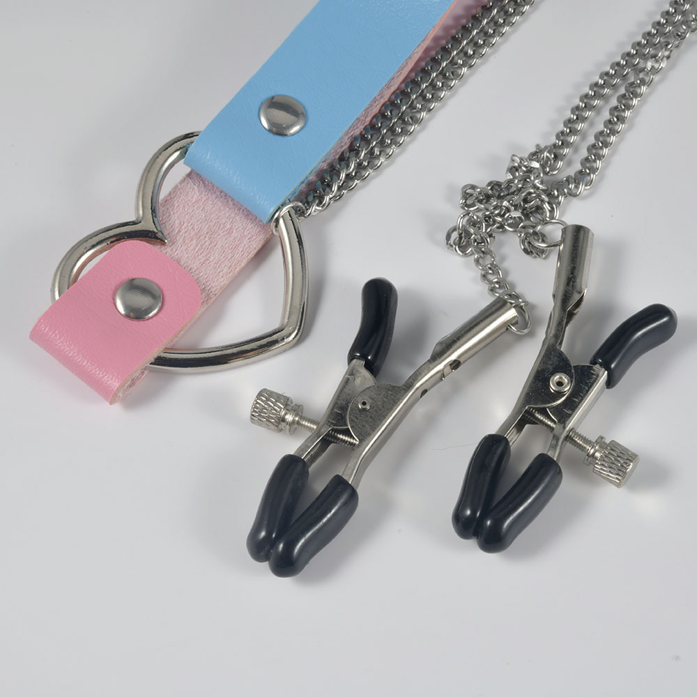 跨境黑皮革项圈链条皮质钉心项圈颈带choker圆环项链颈链链条乳夹详情13