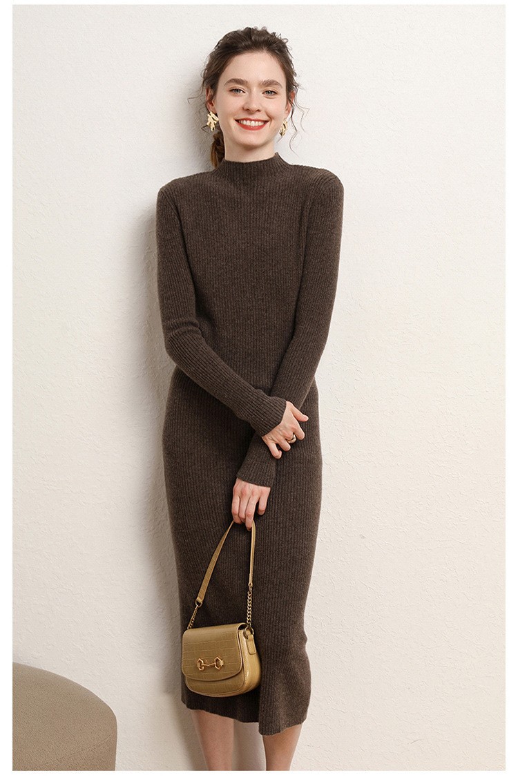 Early autumn semi-high-neck wool dress for women, mid-length sweater, knee-length cashmere knitted body-hugging skirt, long skirt as a base layer pic 28