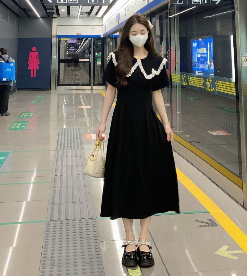 法式减龄娃娃领连衣裙大码夏装胖妹妹显瘦遮肉赫本风气质黑色长裙详情3