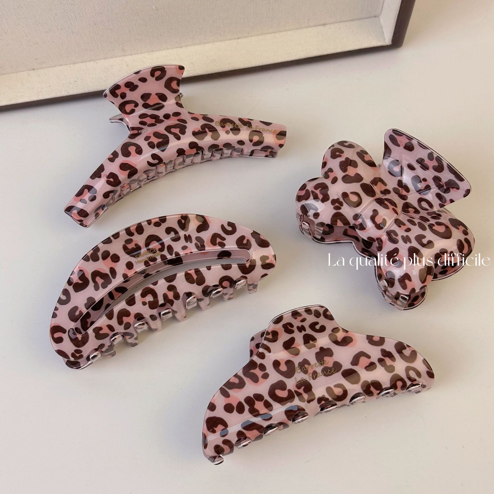 Sweet pink leopard print acrylic hairpin, feminine charm, back of the head updo, shark clip hair accessory pic 1