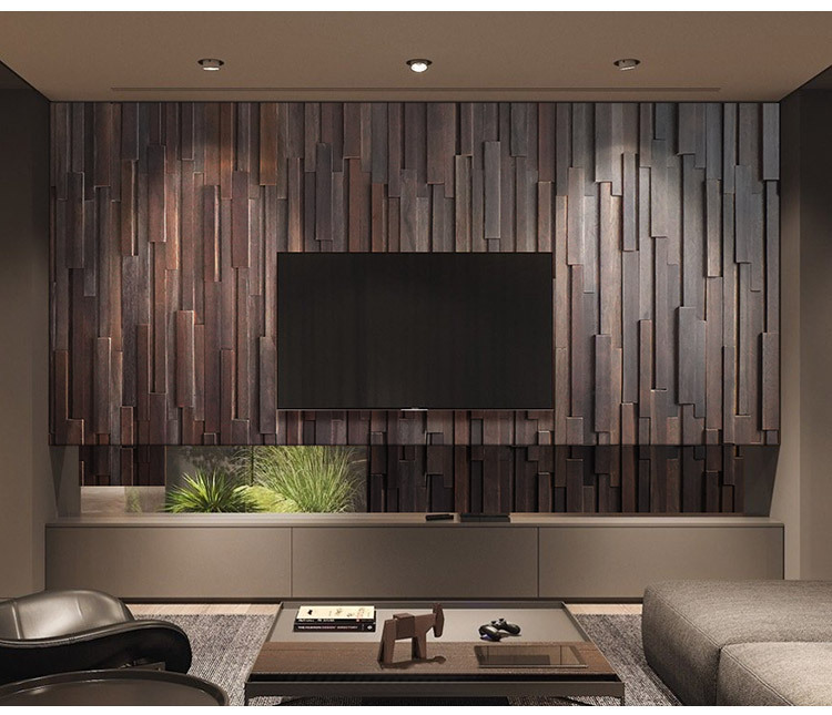 原木马赛克电视背景墙民宿形象墙装饰黑胡桃色凹凸立体实木条细条详情6