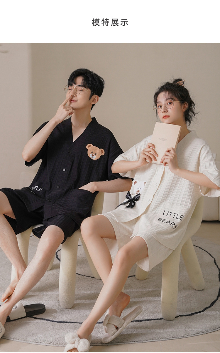 Chun baifen cute pareja pijama mujer de verano manga corta pantalones cortos cardigan hombre trajes casuales ropa casera usable exterior pic 11