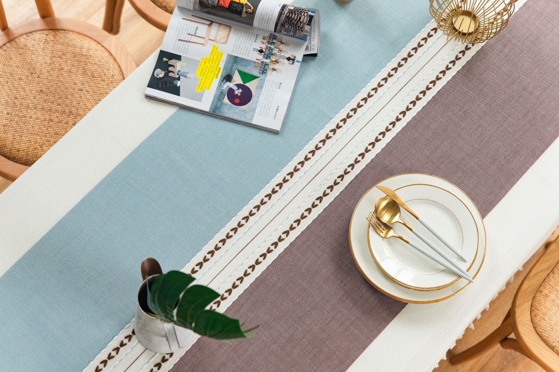 Cross-border Japanese color-blocking and color-blocking embroidered tassel tablecloths, kitchen, dining room, party, family table cover decoration, cotton and linen pic 13