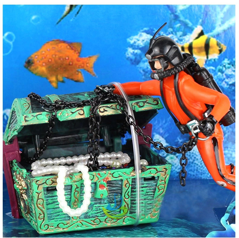 Fish tank pneumatic decoration treasure hunt Frogman aquarium pneumatic decorative landscape display diver treasure chest pic 24