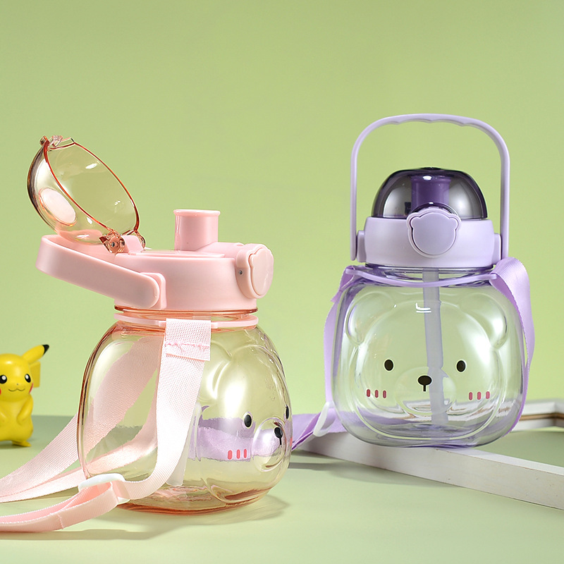 Wholesale of cute silicone-covered bear cups, anti-scald water cups, large-capacity water bottles for children, and double-drinking plastic cups pic 8