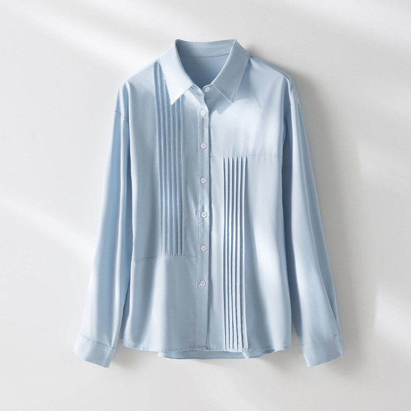 秋季女士纯色衬衫Polo领日系设计感上衣新款宽松复古百搭衬衣开衫详情2