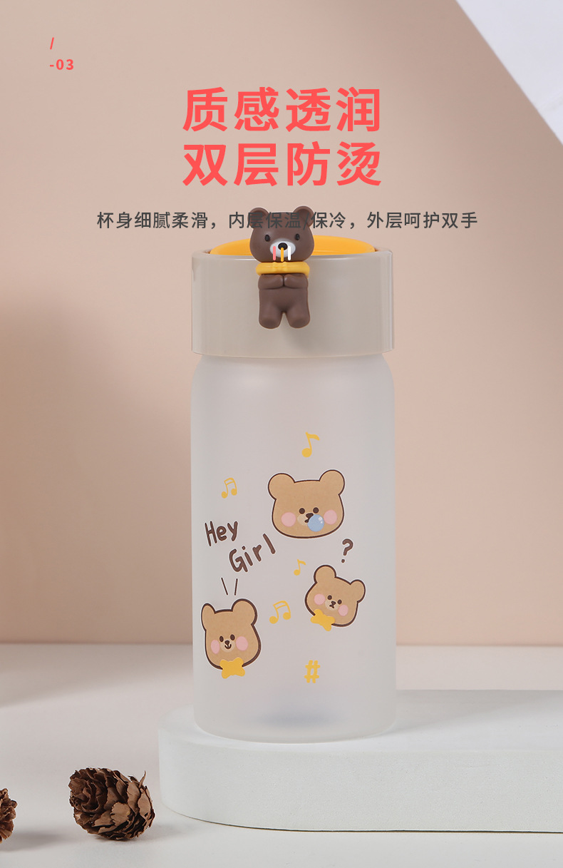 韩国可爱ins风玻璃杯lucky熊高硼硅水杯杯硅胶提手立体萌物厂家详情5