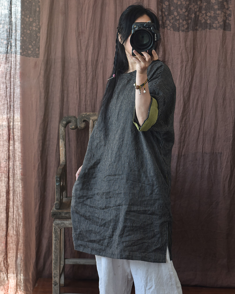 Hyacinth/Original striped contrasting color diagonal lapel hand-sewn button-up retro loose robe patchwork mid-length dress pic 15