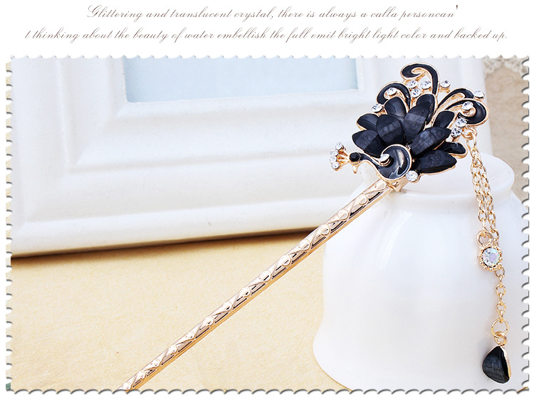 国潮系列玫瑰金孔雀民族风合金镶钻发簪 滴油复古风簪子流苏步摇发饰厂家直销详情29