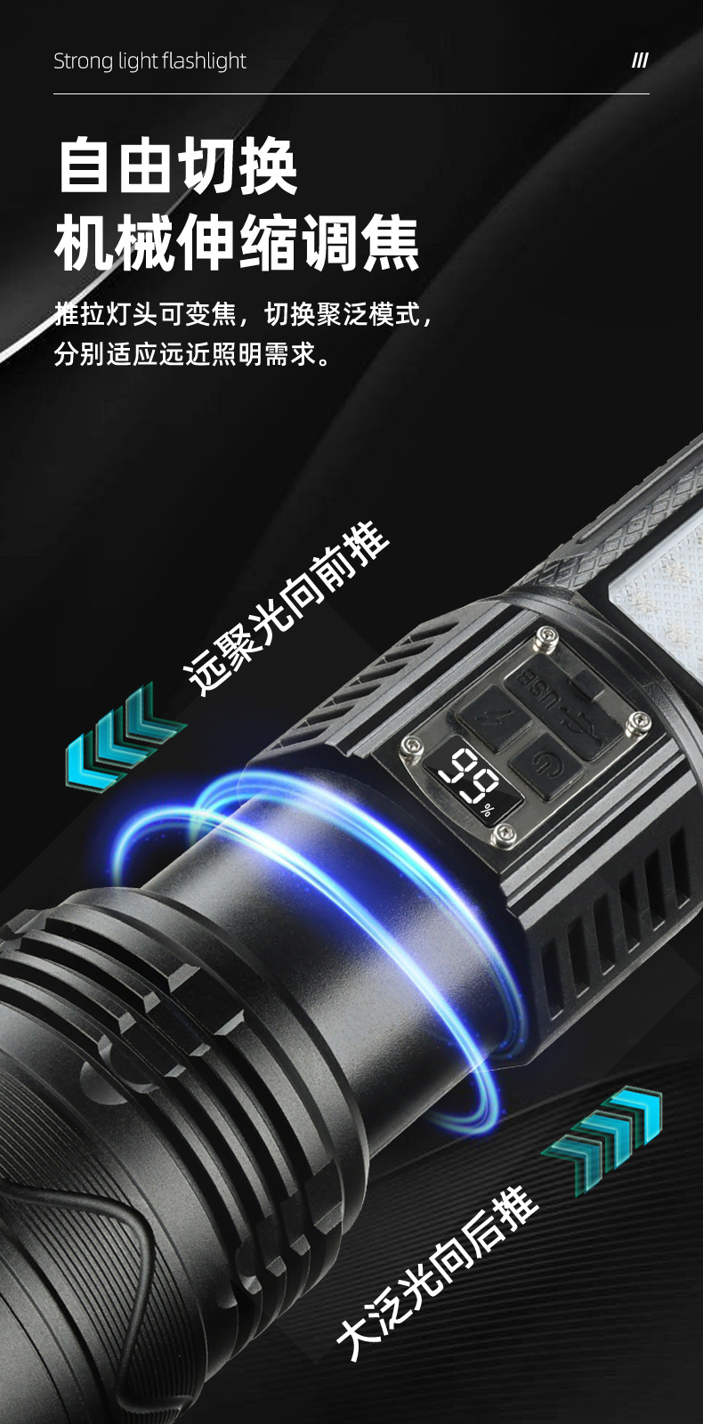 跨境led强光手电筒可充电远射便携家用小迷你便携COB侧灯铝合金详情9