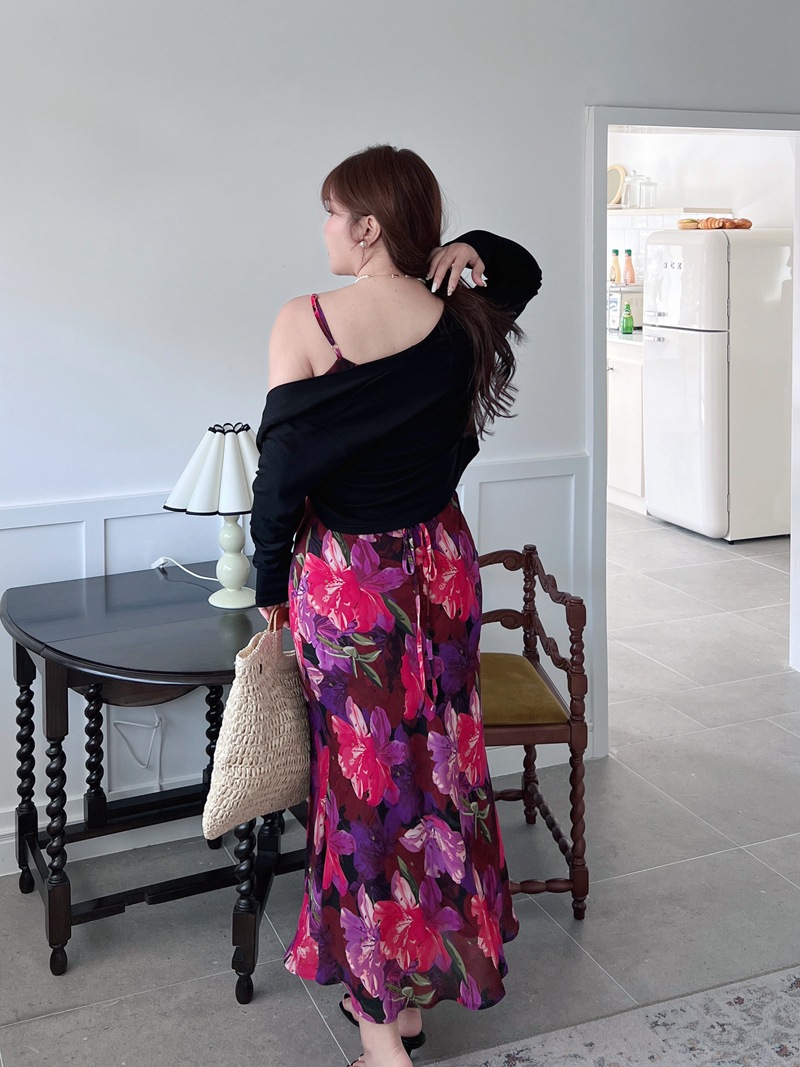 润其N8725法式收腰紫花鱼尾吊带裙批发 大码女装吊带连衣裙详情23