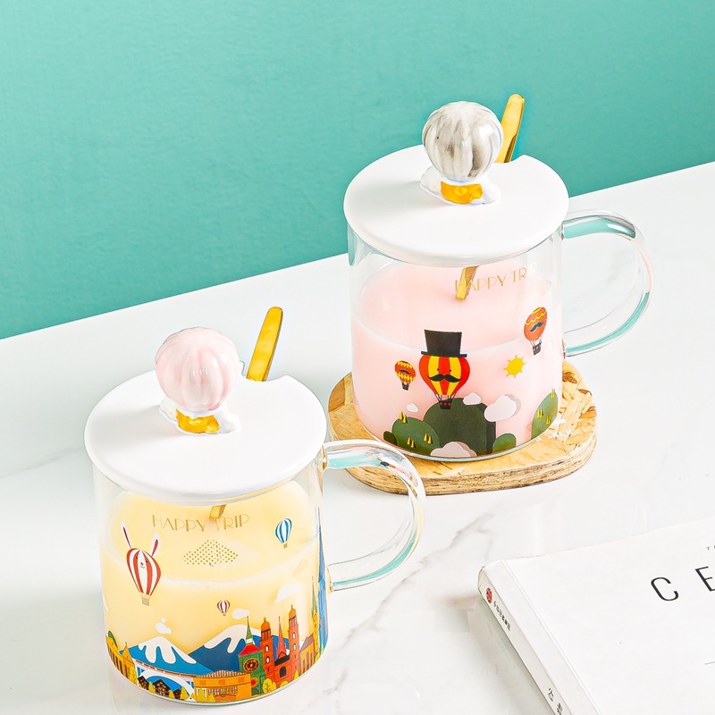 手绘卡通气球城堡玻璃杯创意情侣马克杯男女生水杯礼品早餐咖啡杯详情6