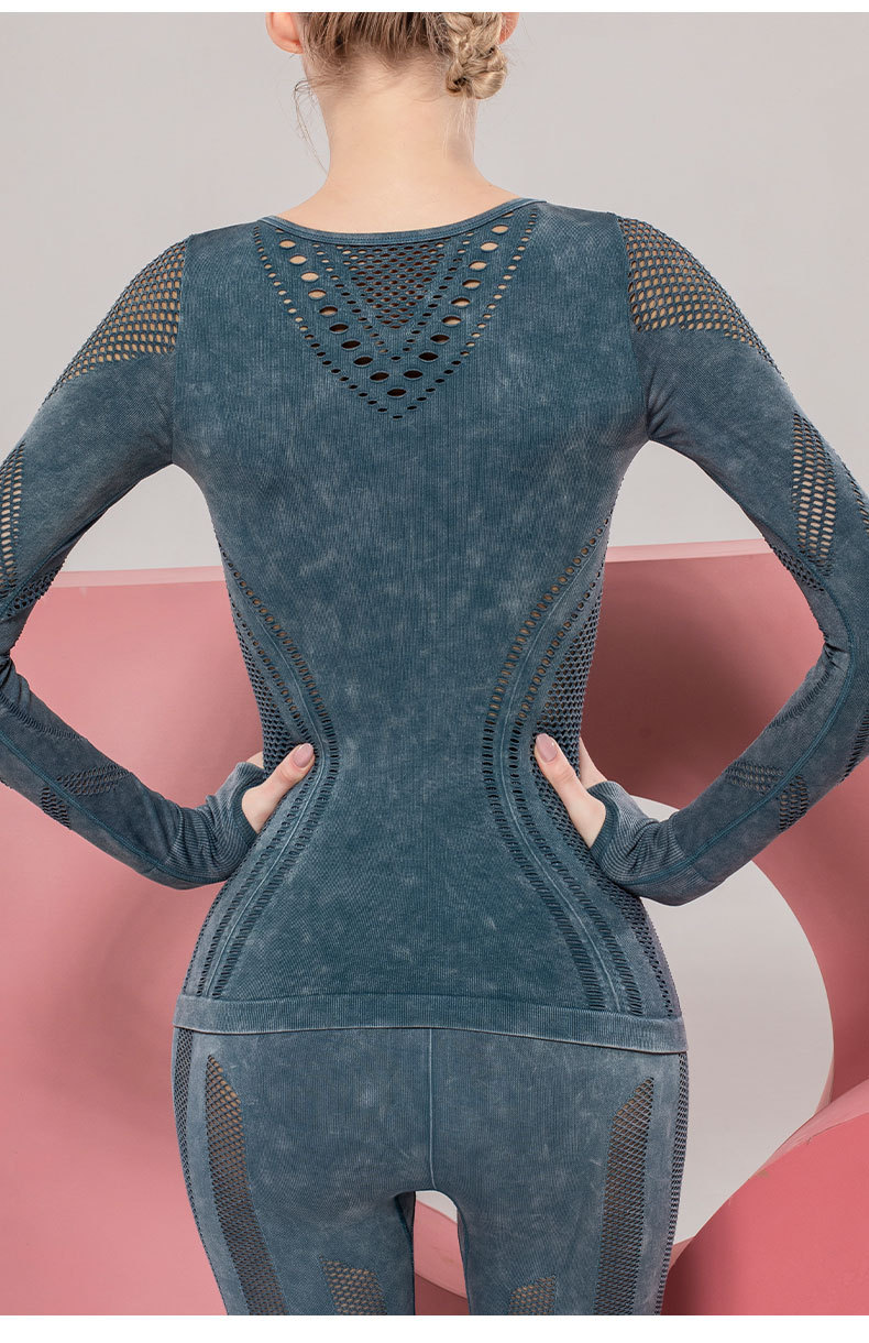 现货！欧美爆款镂空高弹长袖健身服水洗紧身外穿运动上衣瑜伽服女详情36