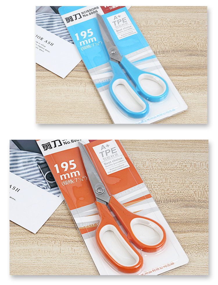 Cross-border direct supply of soft rubber ring TPR stainless steel scissors, color double-ring rubber plastic 7.5-inch large card insertion office scissors pic 8