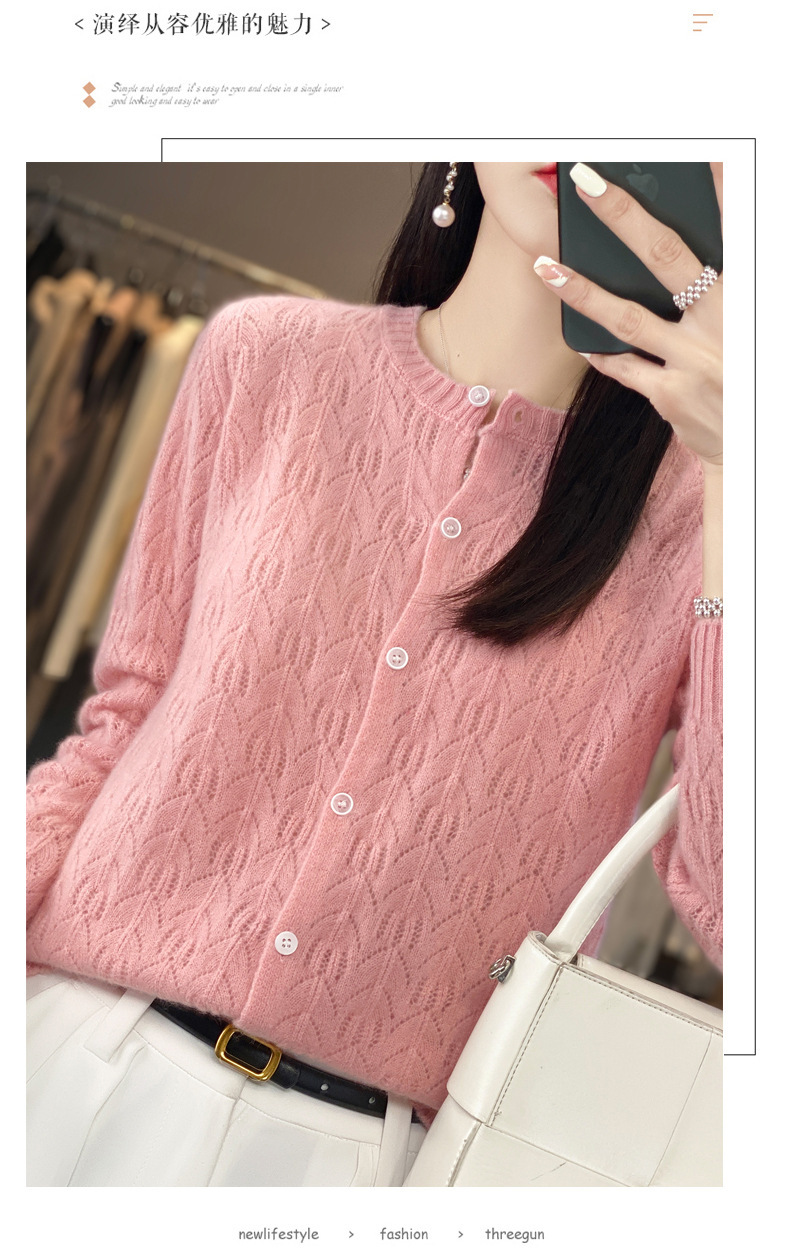 The 2023 autumn new collection features a highly anticipated hollowed-out wool cardigan jacket for women, a long-sleeved base sweater, and a thin outerwear pic 18