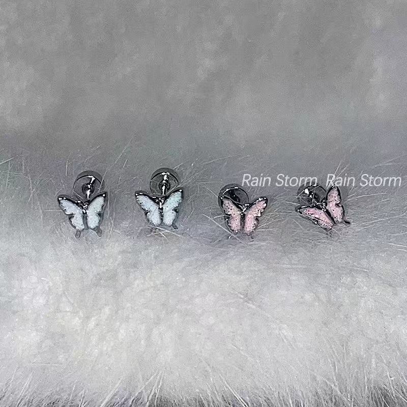 粉白蝴蝶韩版韩式平底耳骨钉钛钢拧螺丝耳蜗钉小众气质滴釉耳钉详情2