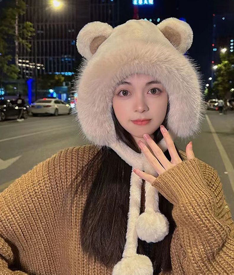 冬天可爱小熊毛绒针织帽加绒护耳帽子女保暖防寒毛绒帽带毛球新款详情15