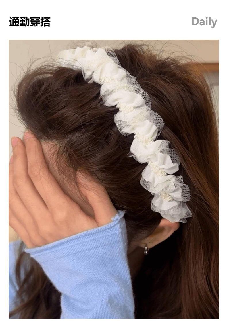 Sweet mesh pleated hairband, elegant inverted anti-slip headband, pearl embellished hair tie, stylish headwear wholesale pic 14