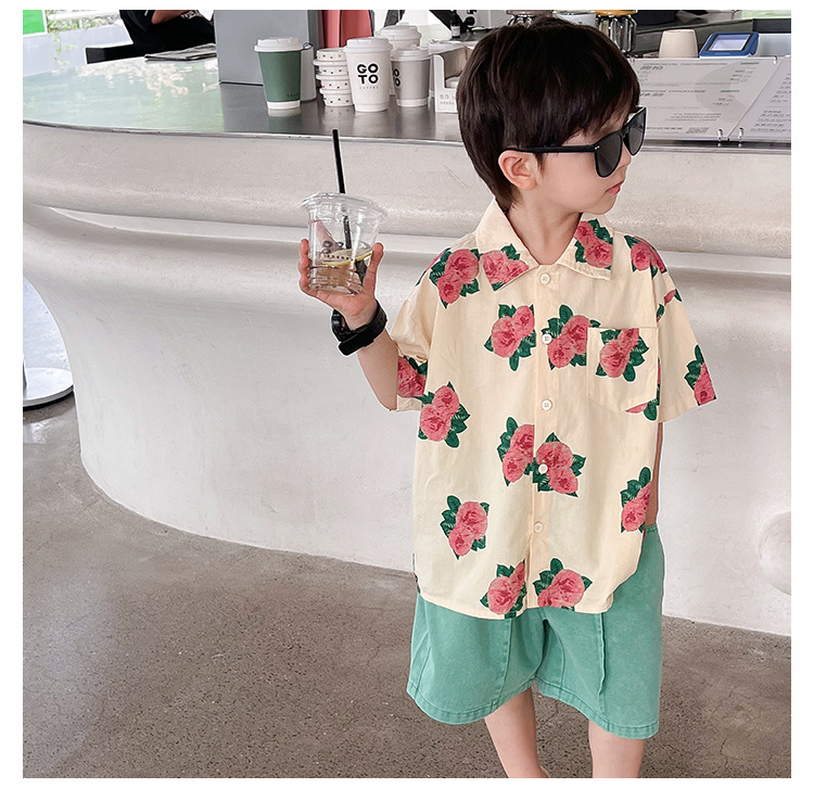 儿童衬衫2023童酷夏装韩版洋气宝宝上衣帅气玫瑰花满印男童衬衣潮详情22