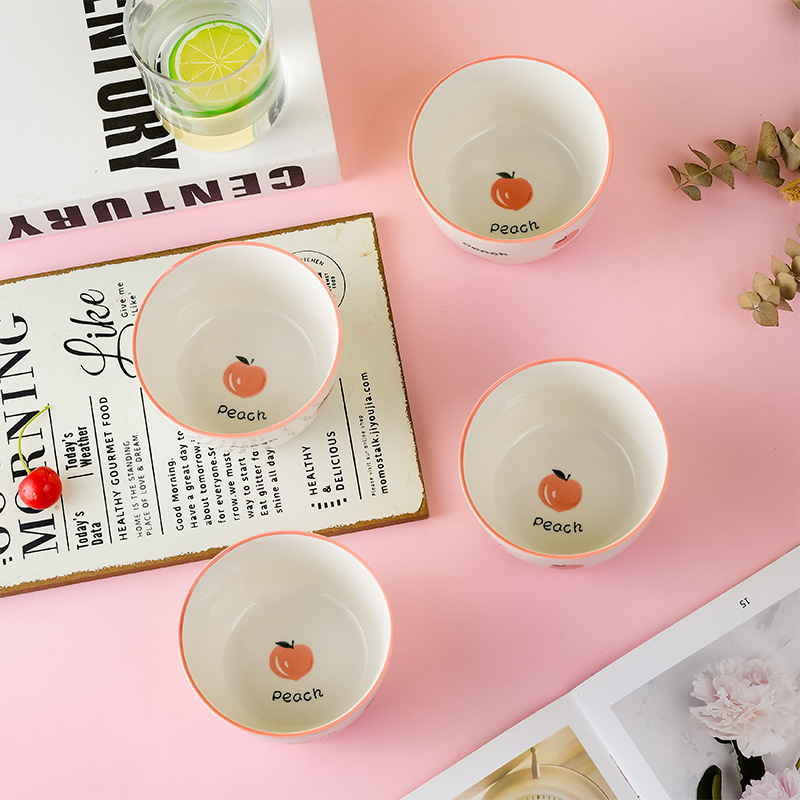 【4只装】水蜜桃陶瓷米饭碗可爱少女心家用餐具瓷碗碟碗盘釉下彩详情1