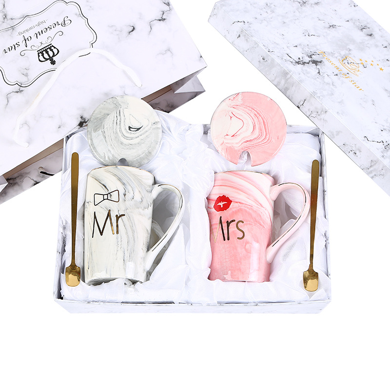 New European marble-patterned ceramic cups, creative mugs, wedding gifts, couple coffee cups set printing pic 1