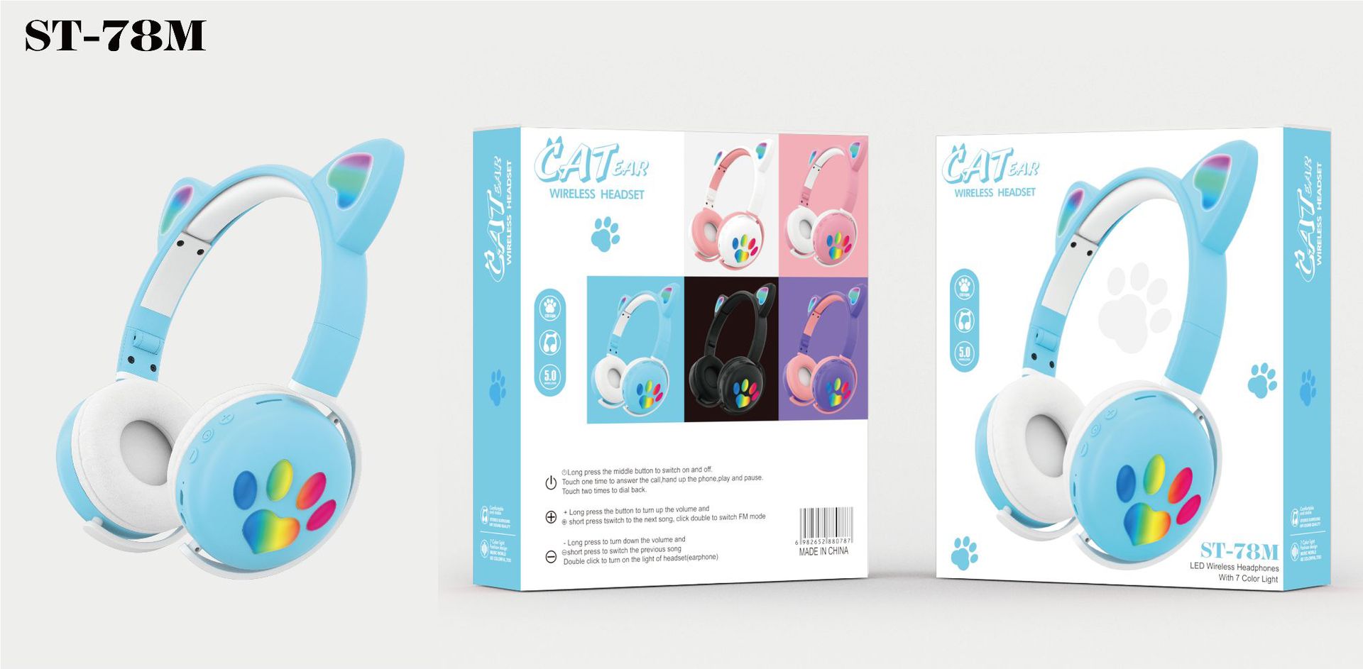 The original factory of the new cat ear over-ear wireless Bluetooth headphones ST78M cat paw LED fashionable neutral FM headset pic 3