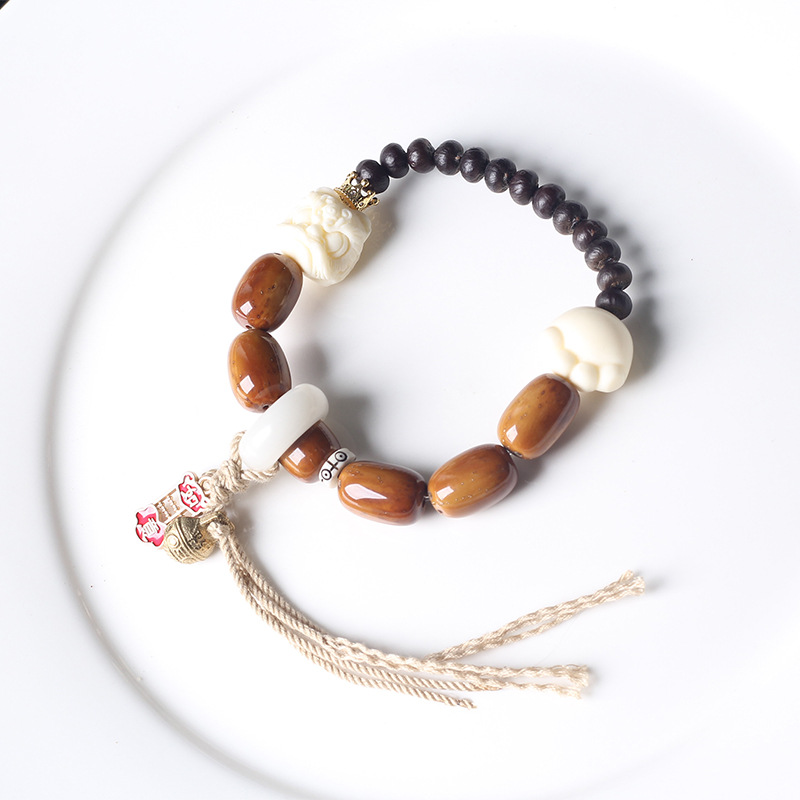 民族风白玉菩提跑环手串紫金鼠象牙果醒狮手链单圈文玩手饰品详情4