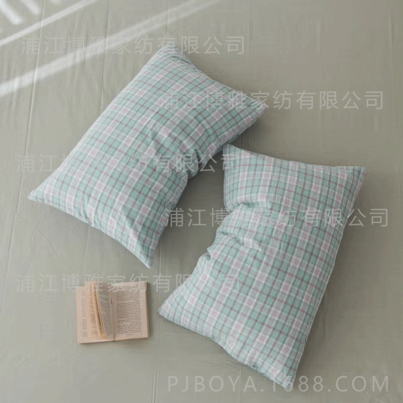 Boya high-quality modern simple grid plain washed cotton pillowcases, pure cotton single and double person pillowcases wholesale pic 4