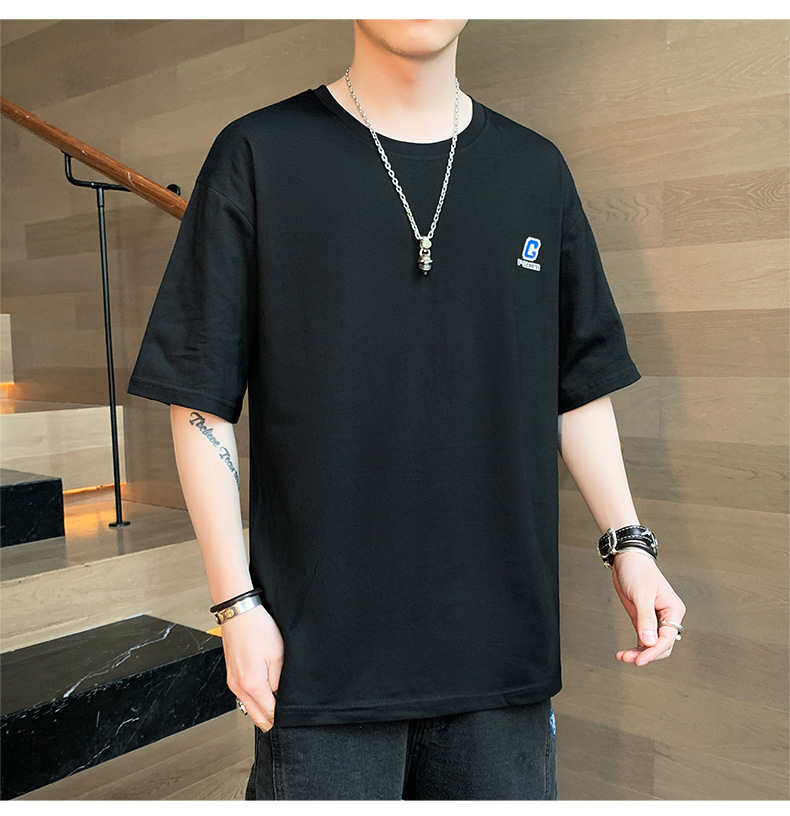 Pure cotton T-shirt for men, summer short-sleeved 2024 new Korean style five-quarter sleeve off-the-shoulder shirt, loose trendy brand short-sleeved large size pic 13