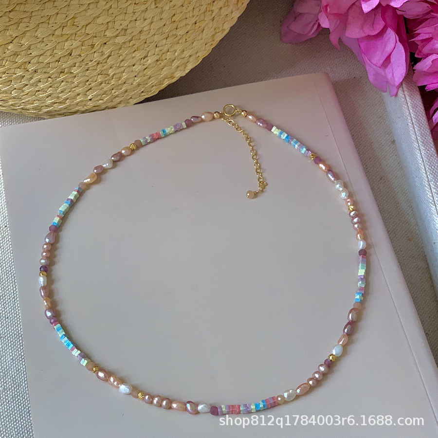 Dreamy pinkish-purple aurora silver pearl necklace, mini irregular Baroque-style light luxury necklace, niche pic 18