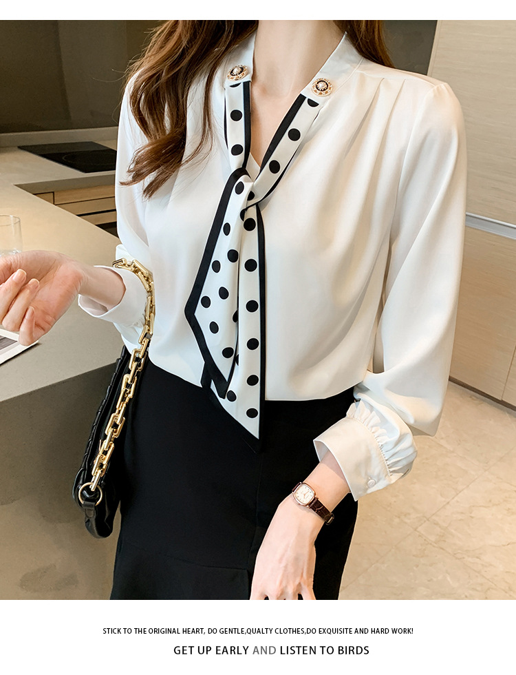 衬衫女2024秋季新款时尚气质韩版V领波点蝴蝶结系带减龄长袖上衣详情24