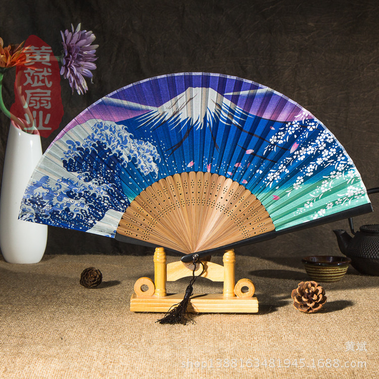哑光漆边真丝娟面日式和风江户日本竹柄折扇 富士山系列和服扇子详情2