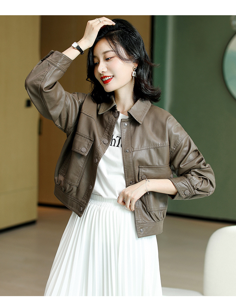 纯色单排扣PU皮衣女2022年春秋新款时尚韩版翻领长袖机车服外套详情13