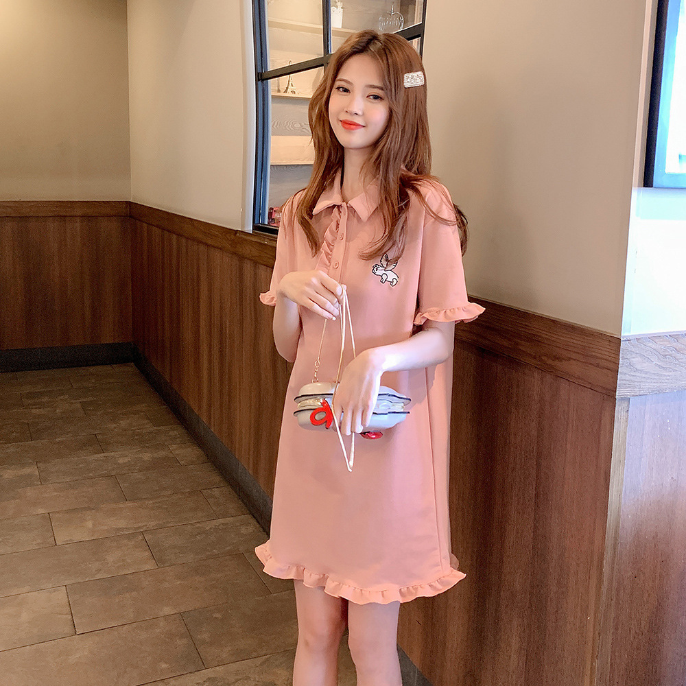 Cross-border black ear-trimmed short-sleeved fresh dress, mid-length embroidered pink T-shirt dress in summer 2021 pic 1