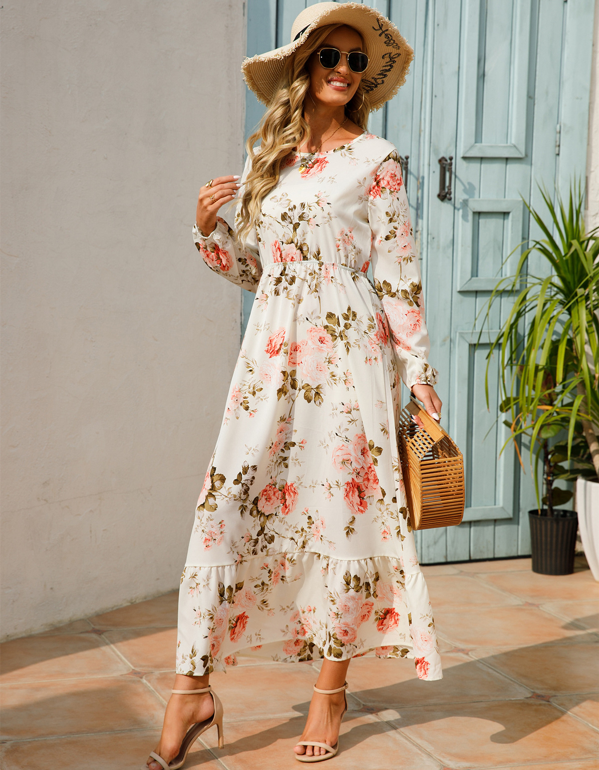 European and American floral long, round-neck, long-sleeved, waist-cinching and slimming dress pic 10