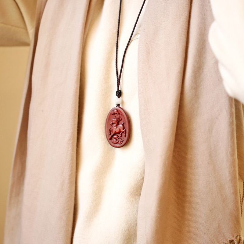 A cute red horse pendant necklace made of rosewood, featuring twelve zodiac animal carvings, and long sweater chains for both men and women pic 14