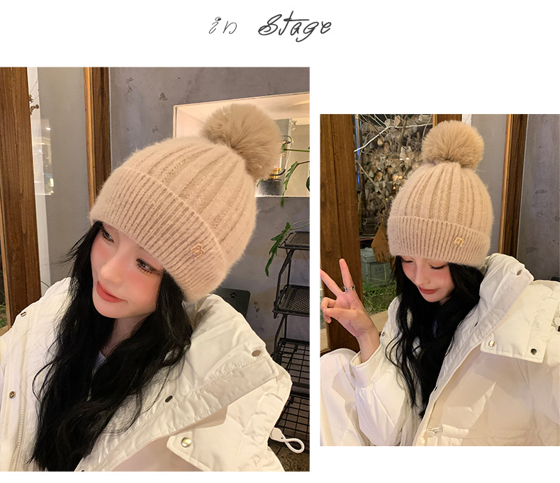 新款秋冬季针织毛球显脸小套头帽户外加绒保暖女甜美护耳毛线帽子详情18