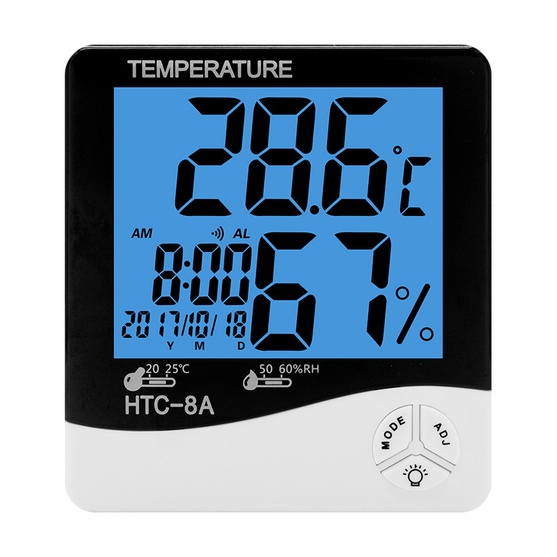 Household electronic temperature and humidity meter, digital thermometer with backlight calendar alarm clock, HTC-8A temperature and humidity meter pic 1